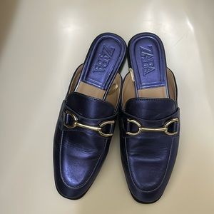 ZARA navy blue metallic slide loafer flat shoes with gold details